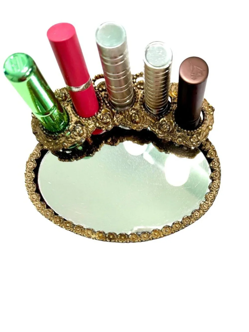 1950s/60s Hollywood Regency gold vanity tray with lipstick holder